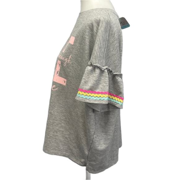 Hand Printed Upcycled Womens XL She Is Me Loved Worthy Enough Bell Sleeve Top - Picture 3 of 5